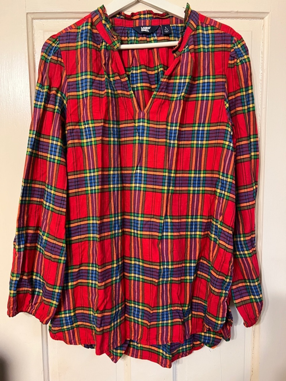 Lands' End Red Multicolor Plaid V‑Neck Tunic